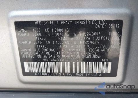 2012 Subaru Outback 2.5I Limited from USA, damaged, VIN 4S4BRBKC2C3302650